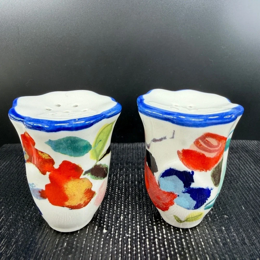 Anthropologie Luna Floral Ceramic Salt and Pepper Shaker Set with Tray New w Tag